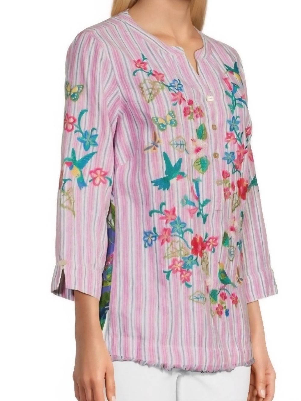 Embroidery John Mark Pink Striped Tunic with Multicolor Floral & Bird. - Picture 3 of 12